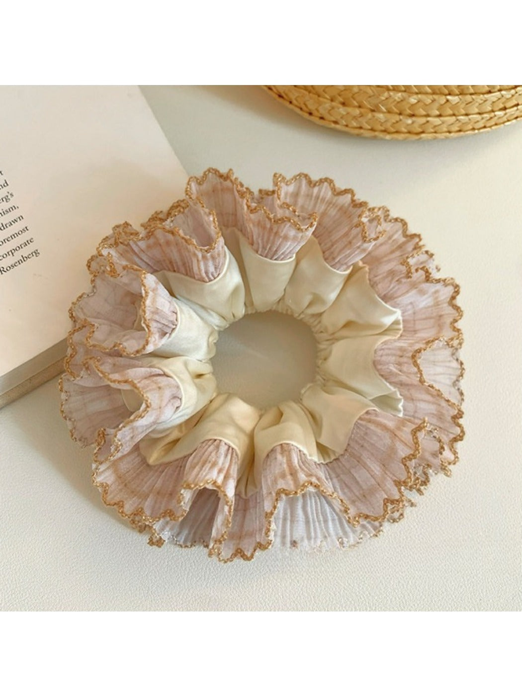 Gifty satin lace trim hair scrunchie displayed on a white background
