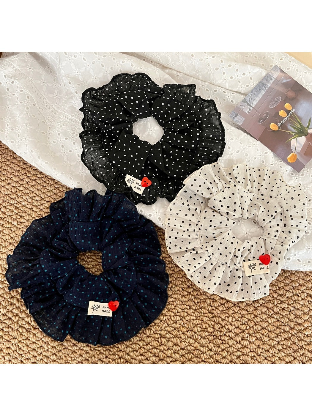 Gifty - vintage polka dot ruffle scrunchie hair tie