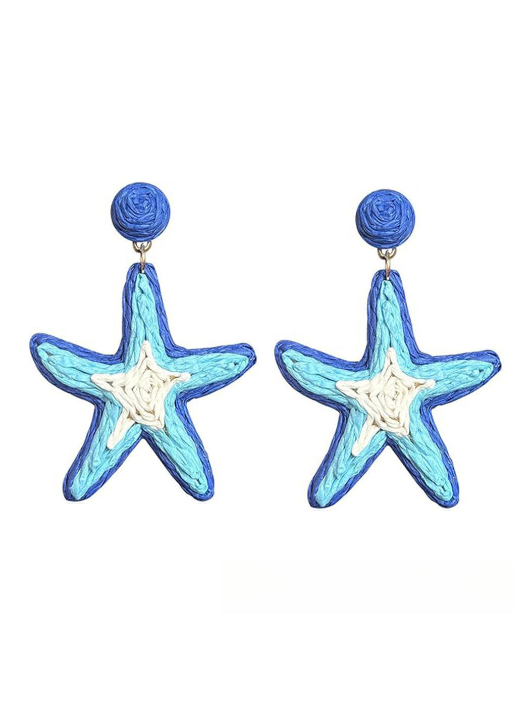 Starfish shaped raffia woven stud earrings shown from the side angle