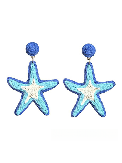 Starfish shaped raffia woven stud earrings shown from the side angle