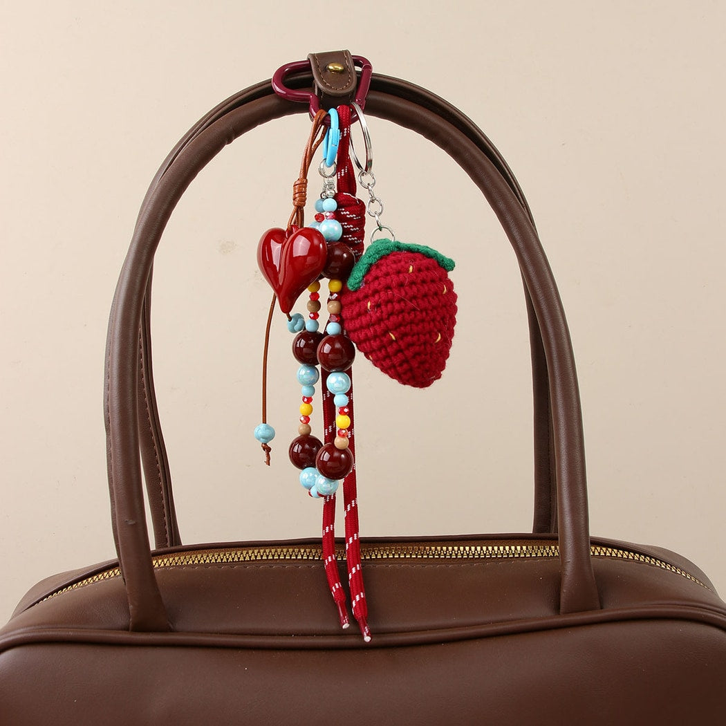 Keypus - Beaded Strawberry Heart Bag Charm Keychain