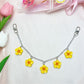 Close-up of gold clasp connecting flower pendant to bag charm chain