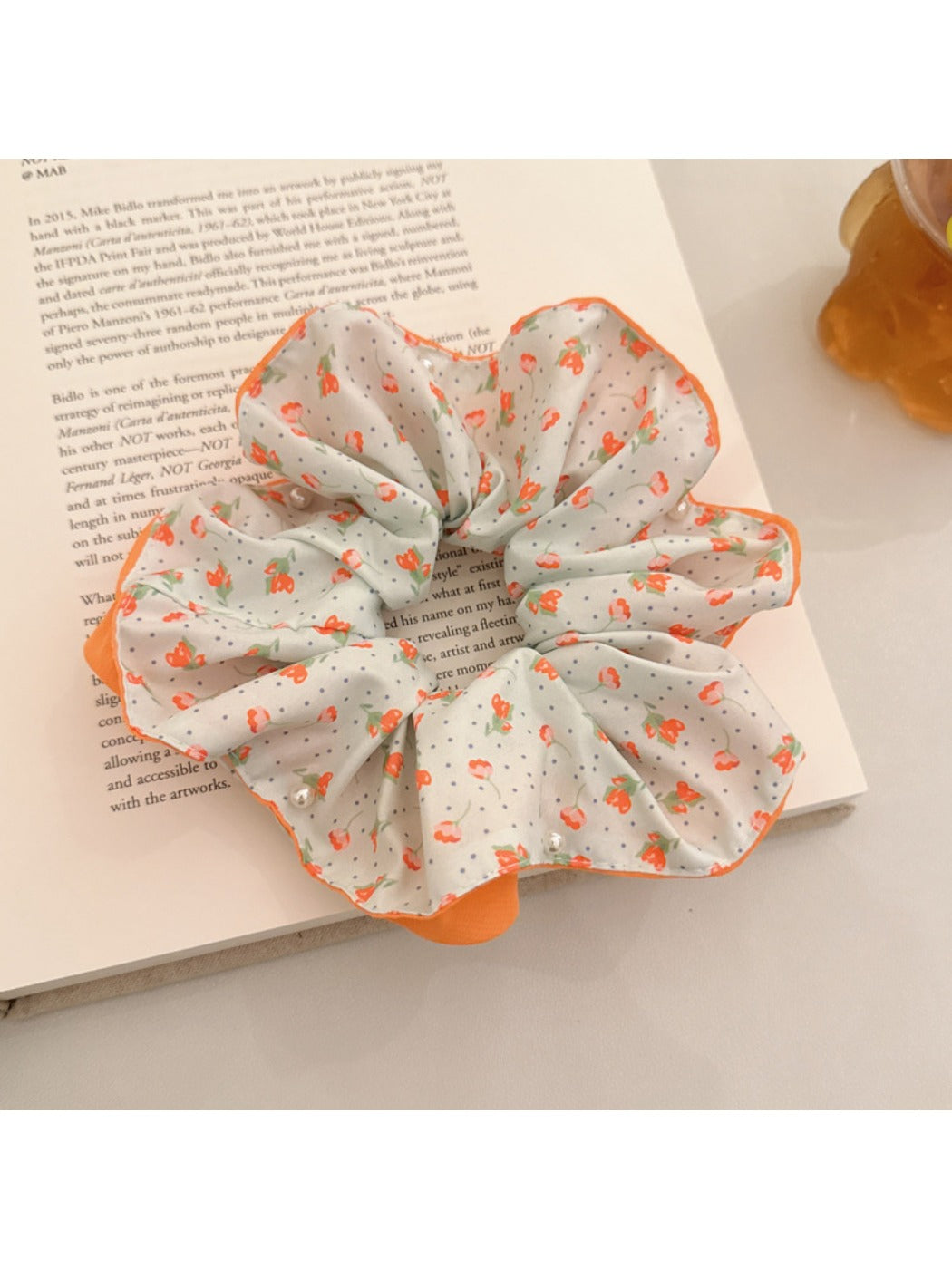Gifty - Orange Floral Scrunchie Women Large Hair Tie