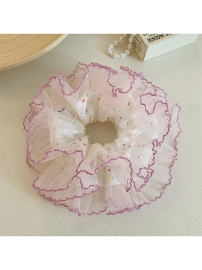 Gifty colorful polka dot tulle scrunchie on white background