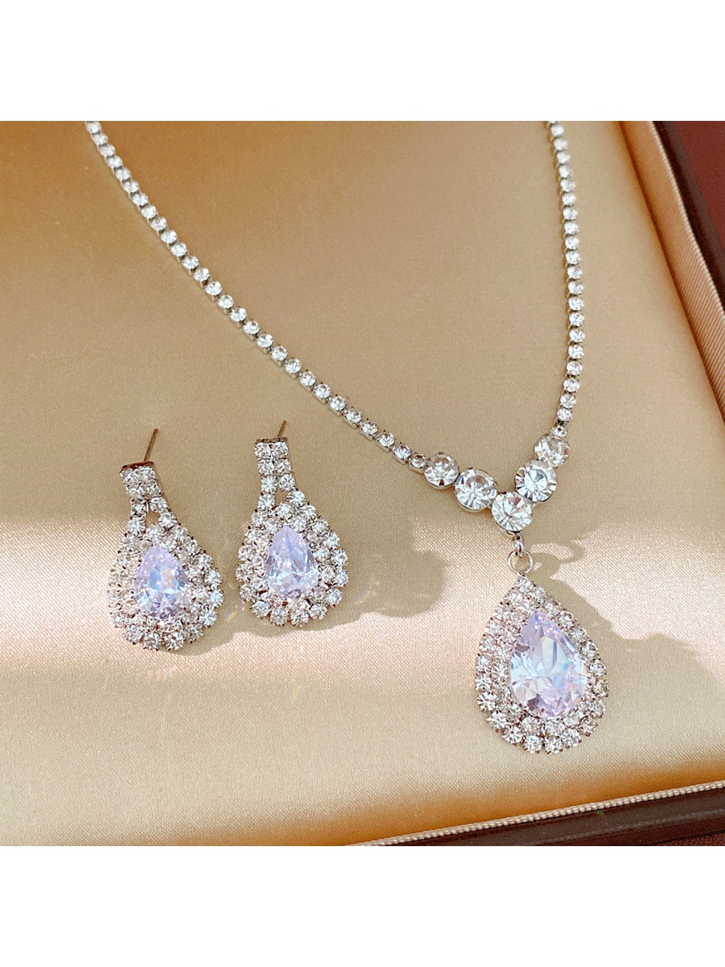 Nozari - Rhinestone Water Drop Necklace and Earrings Set