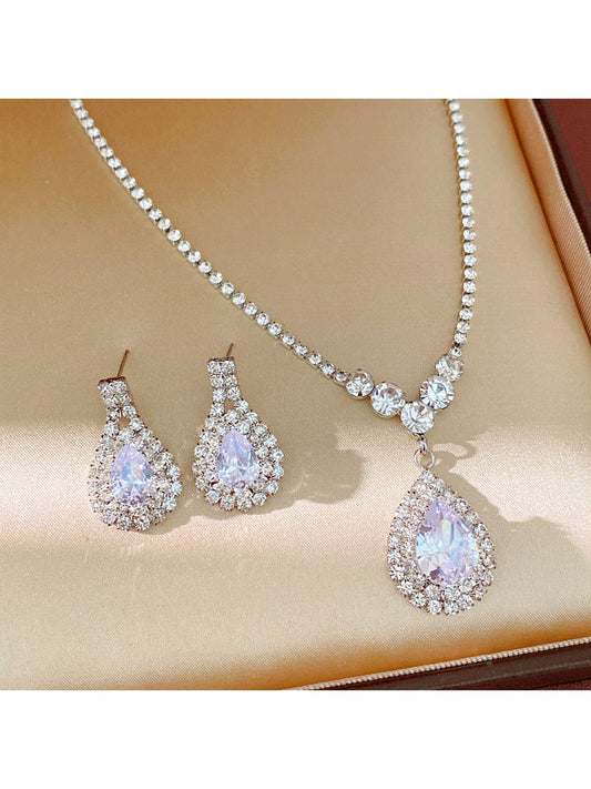 Nozari - Rhinestone Water Drop Necklace and Earrings Set