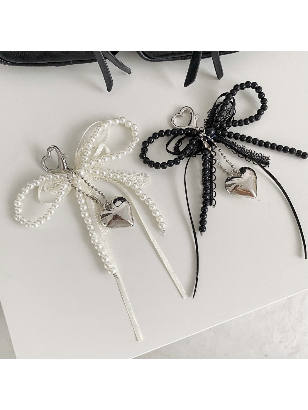 Keypus - Layered Lace Bow Heart Pendant Bag Charm Keychain