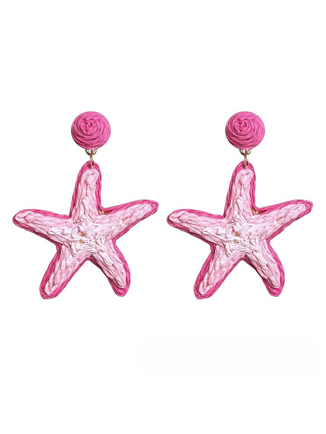 Top view of the woven raffia texture on the starfish stud earrings