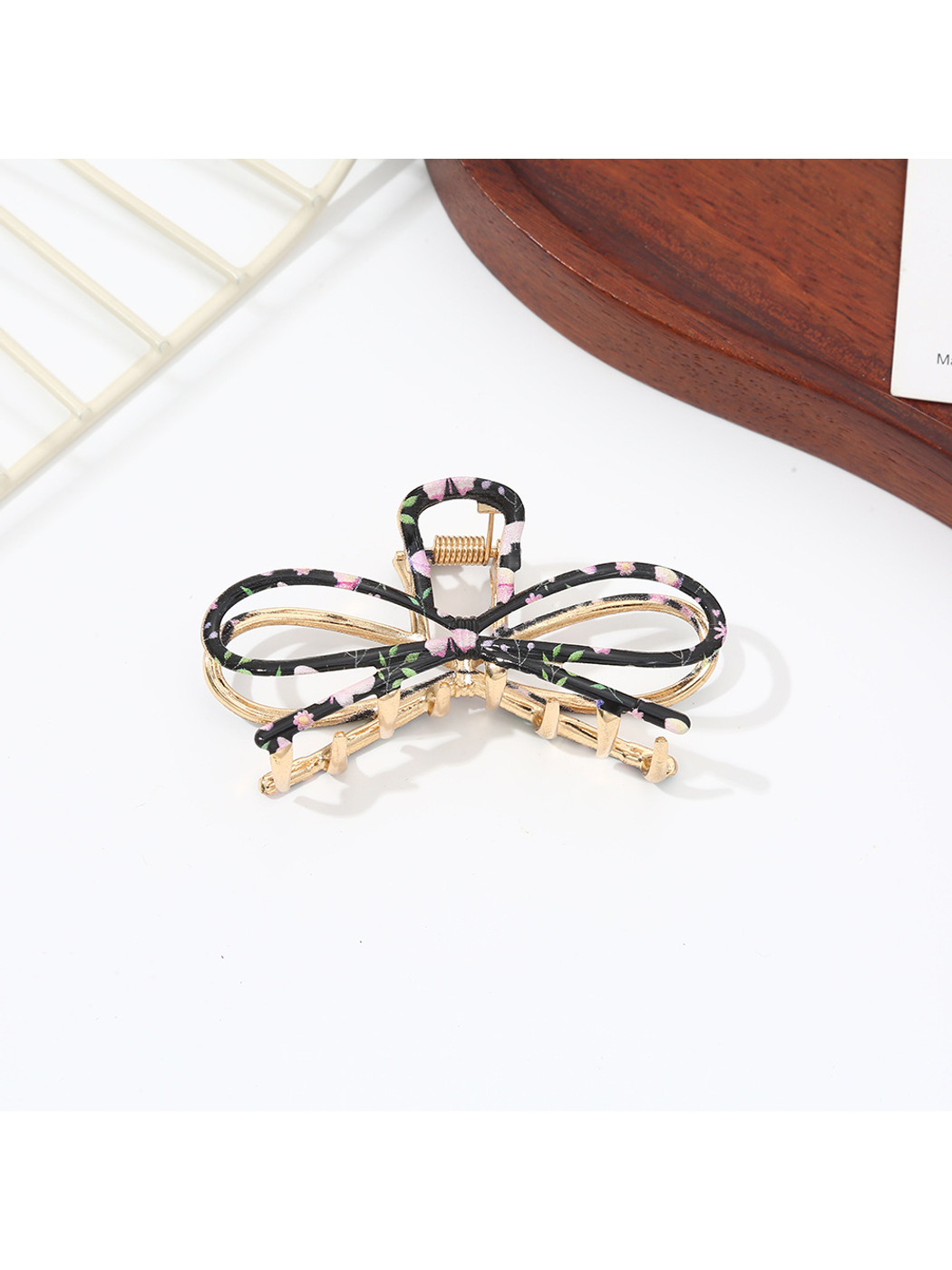 Beau - Floral Print Bow Shape Alloy Claw Clip