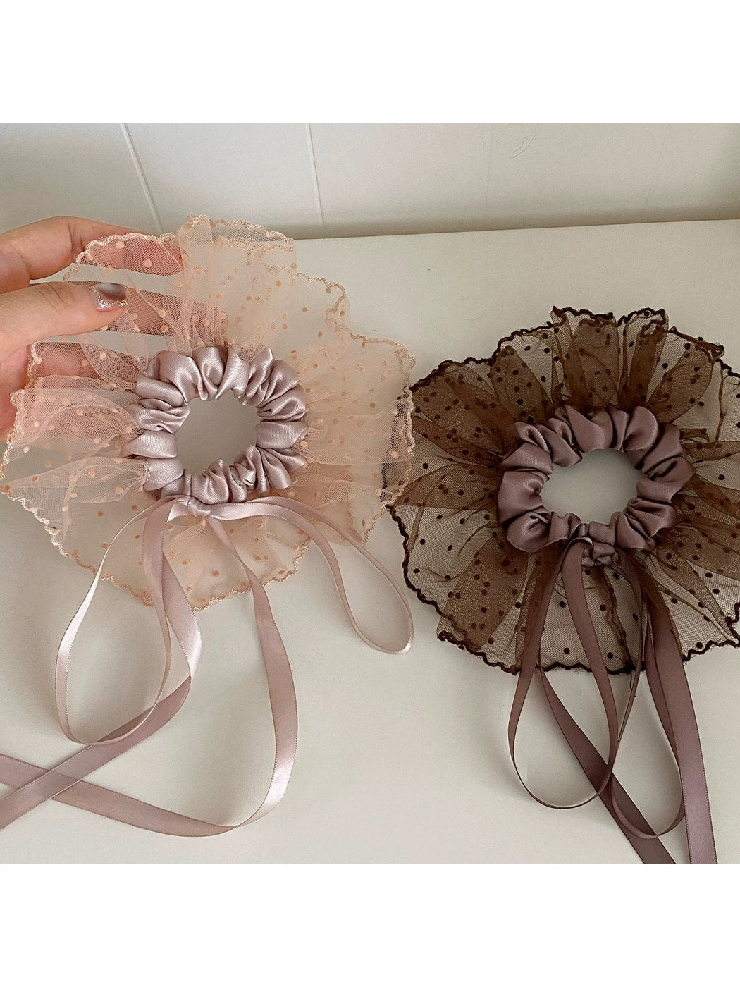 Gifty - Polka Dot Bow Ribbon Mesh Look Scrunchie
