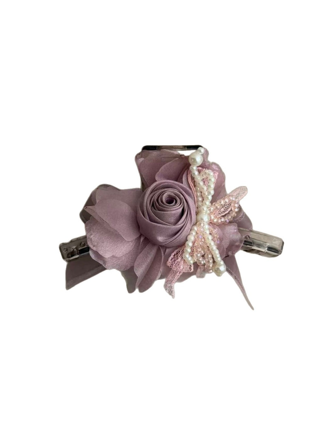 Side view of Beau flower shaped claw clip highlighting clip mechanism
