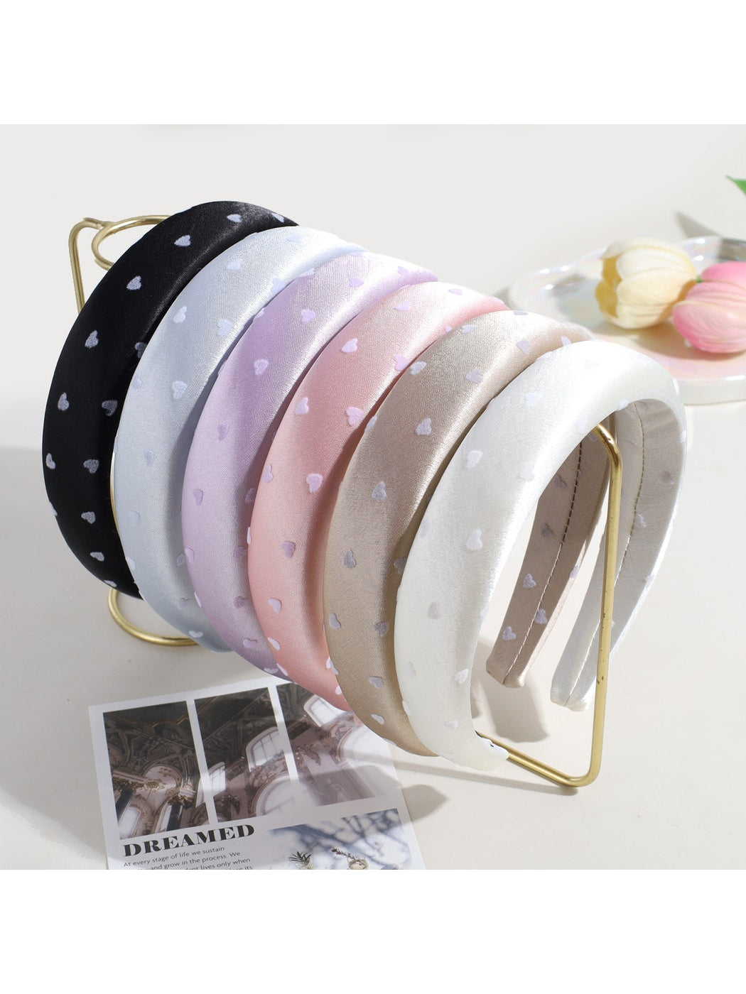 Gifty - Heart Print Satin Look Padded Fabric Headband