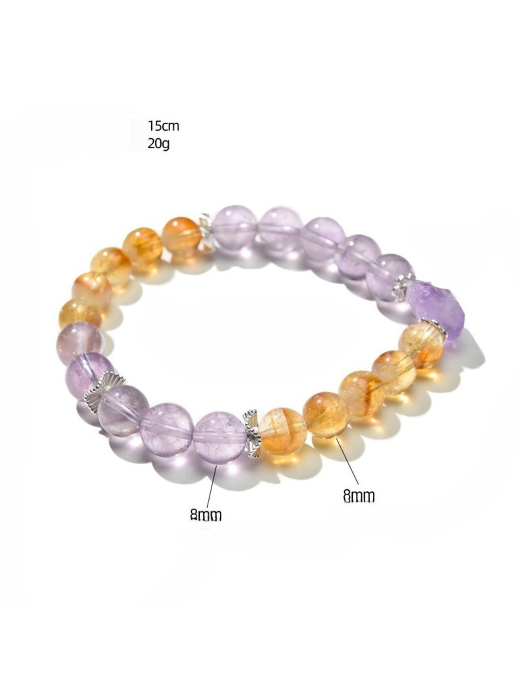 Detailed shot of faceted purple and yellow crystals on Lovra beaded bracelet