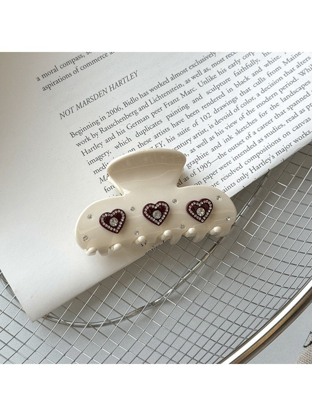 Beau Sweet Heart Shaped Acetate Hair Clip worn in styled hair, highlighting size and shape