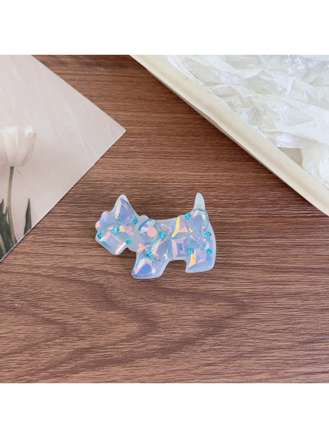 Beau puppy hair clip styled in hair to demonstrate use and decorative effect