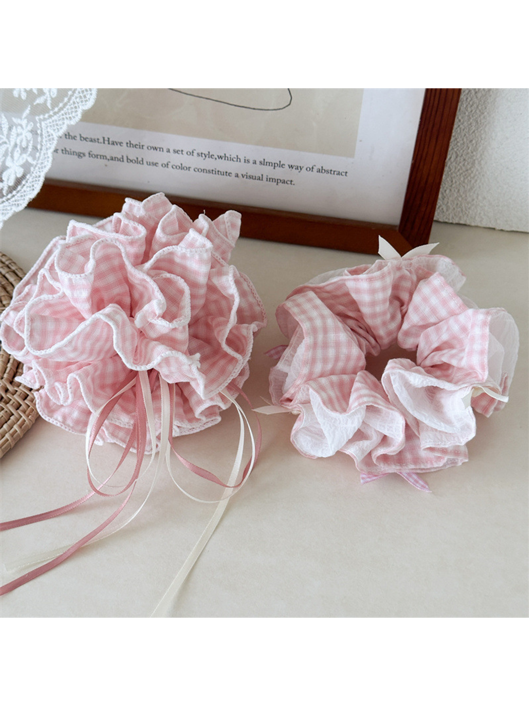 Gifty - Ruffled Gingham Ribbon Bow Hair Scrunchie
