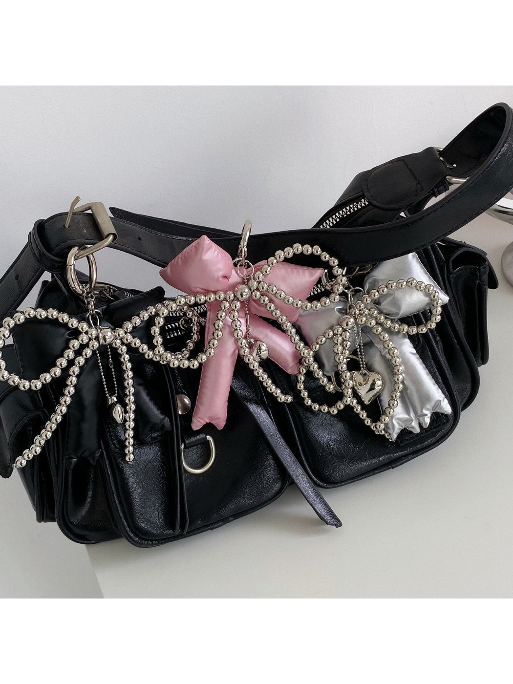 Keypus - Faux Leather Bow Heart Detail Bag Charm Keychain
