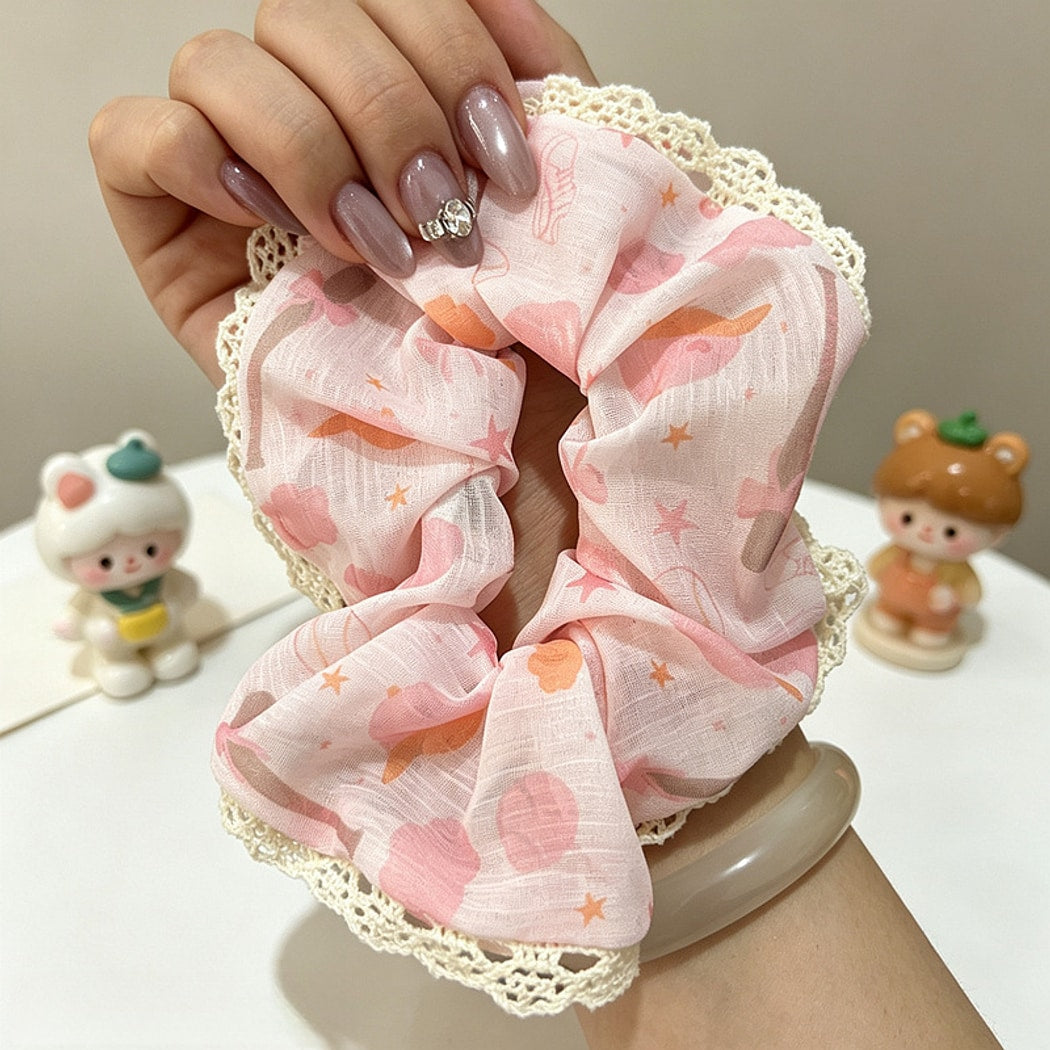 Gifty - Lace Trim Print Polyester Scrunchie