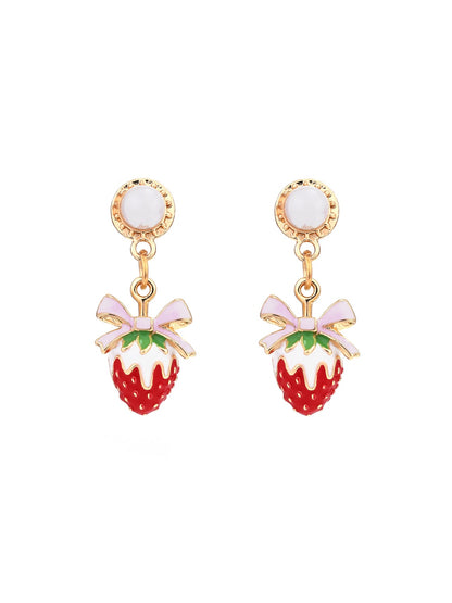 Earedge - Sweet Strawberry Bow Dangle Drop Earrings