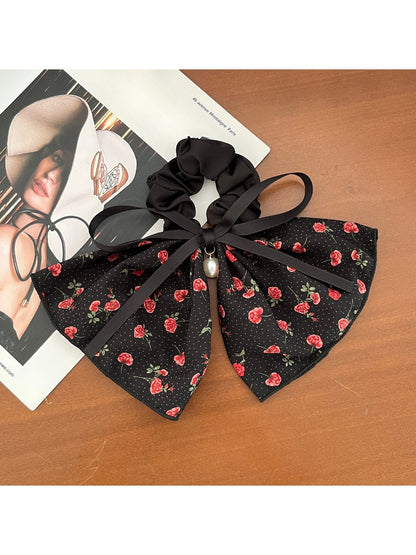 Gifty-Large Bow Hair Tie Floral Print Low Ponytail Accessory