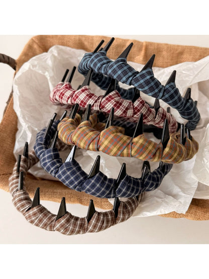 Vintage plaid wrap headband in red and beige tones displayed on white background