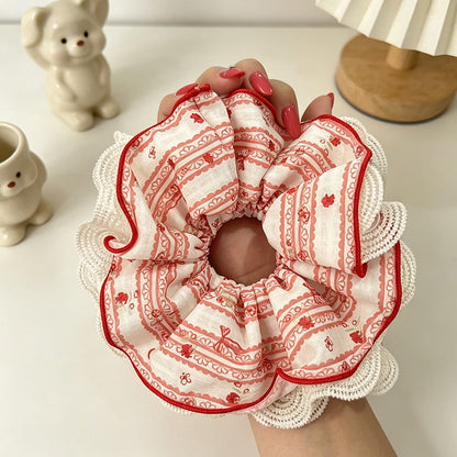 Gifty - Red Plaid Floral Lace Trim Fabric Scrunchie