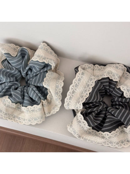 Gifty - Lace Trim Striped Scrunchie Hair Tie