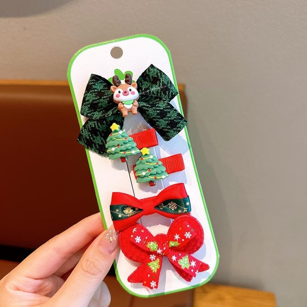 Beau - Christmas Bow and Floral Shape Side Barrette Set