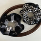 Scrunchie stretched to show elastic inside with black edge and check pattern