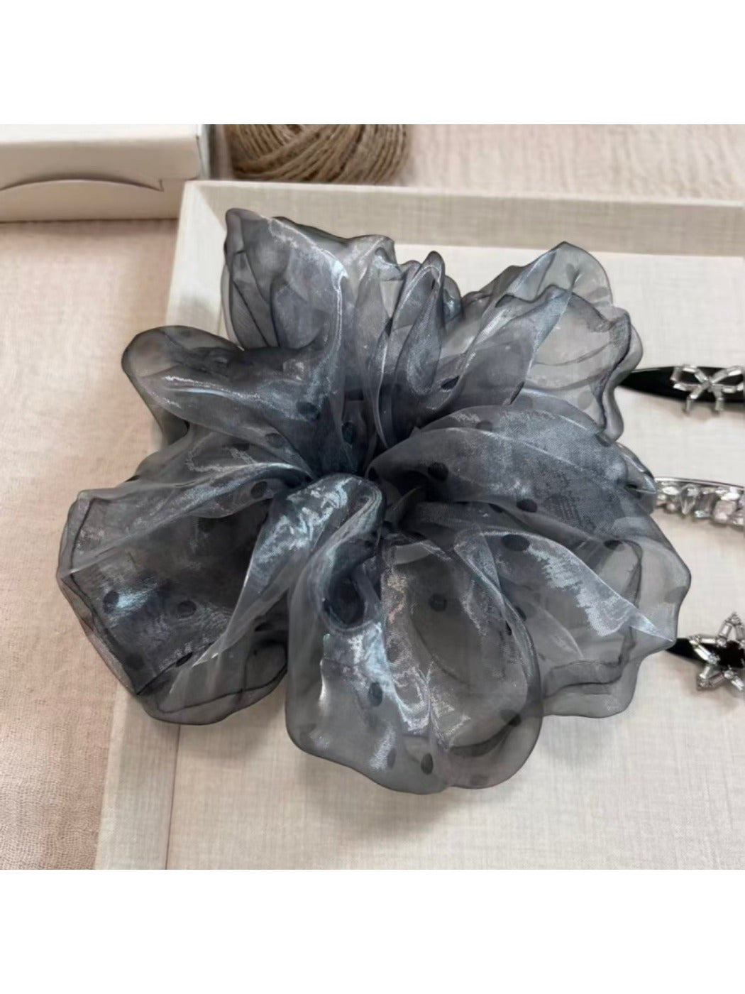 Gifty vintage polka dot scrunchie displayed on a white background showing full circular shape
