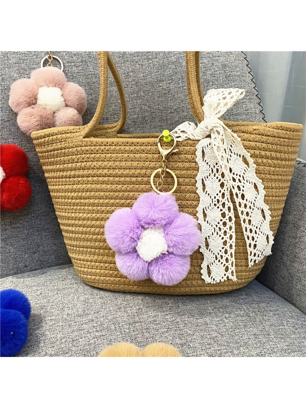 Keypus - Flower Pompom Bag Charm Keychain
