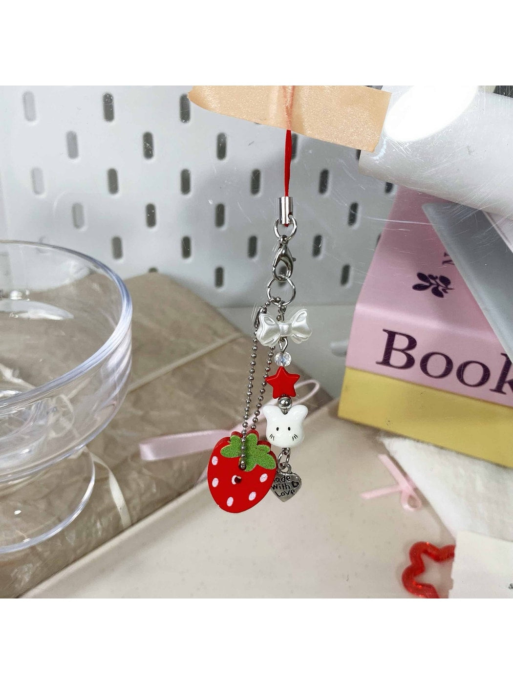 Keypus - Strawberry Beaded Button Style Bag Charm Keychain