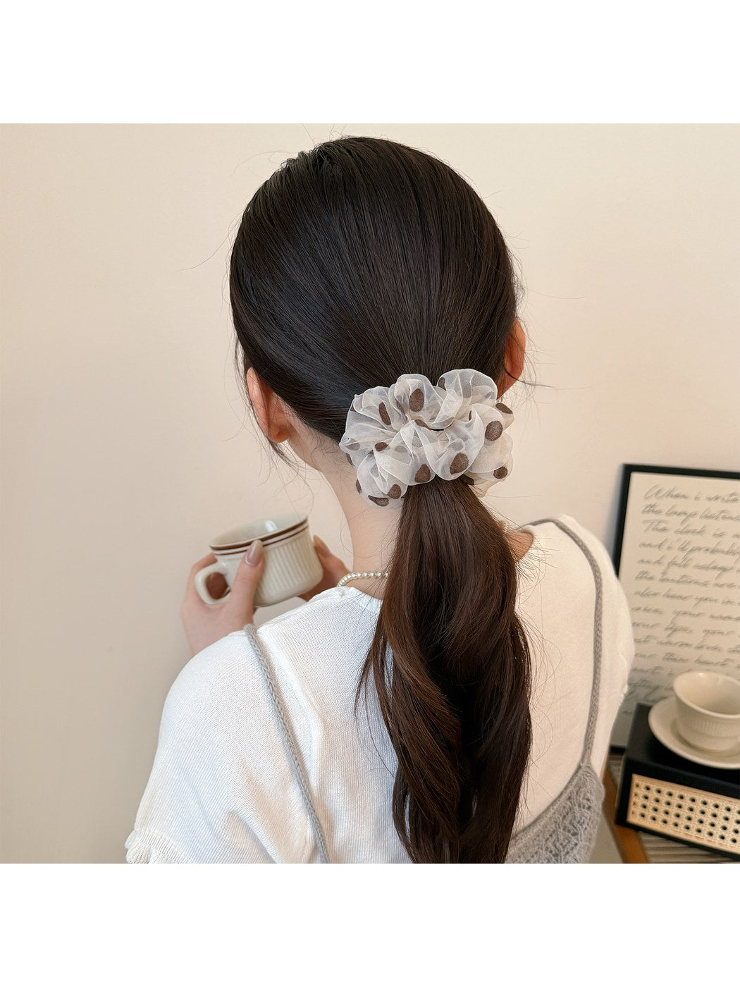 Gifty - Polka Dot Mesh Ruffled Ponytail Hair Scrunchie