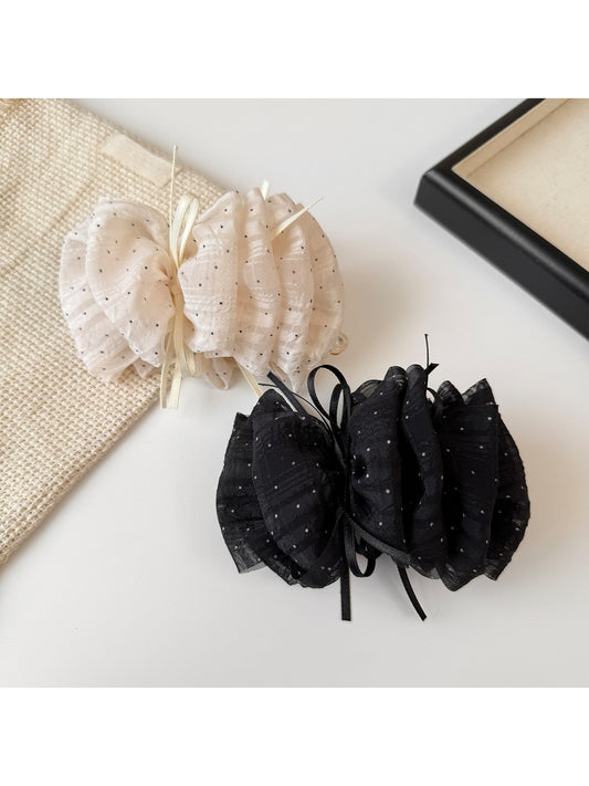 Beau - Polka Dot Mesh Bow Ruffled Banana Clip