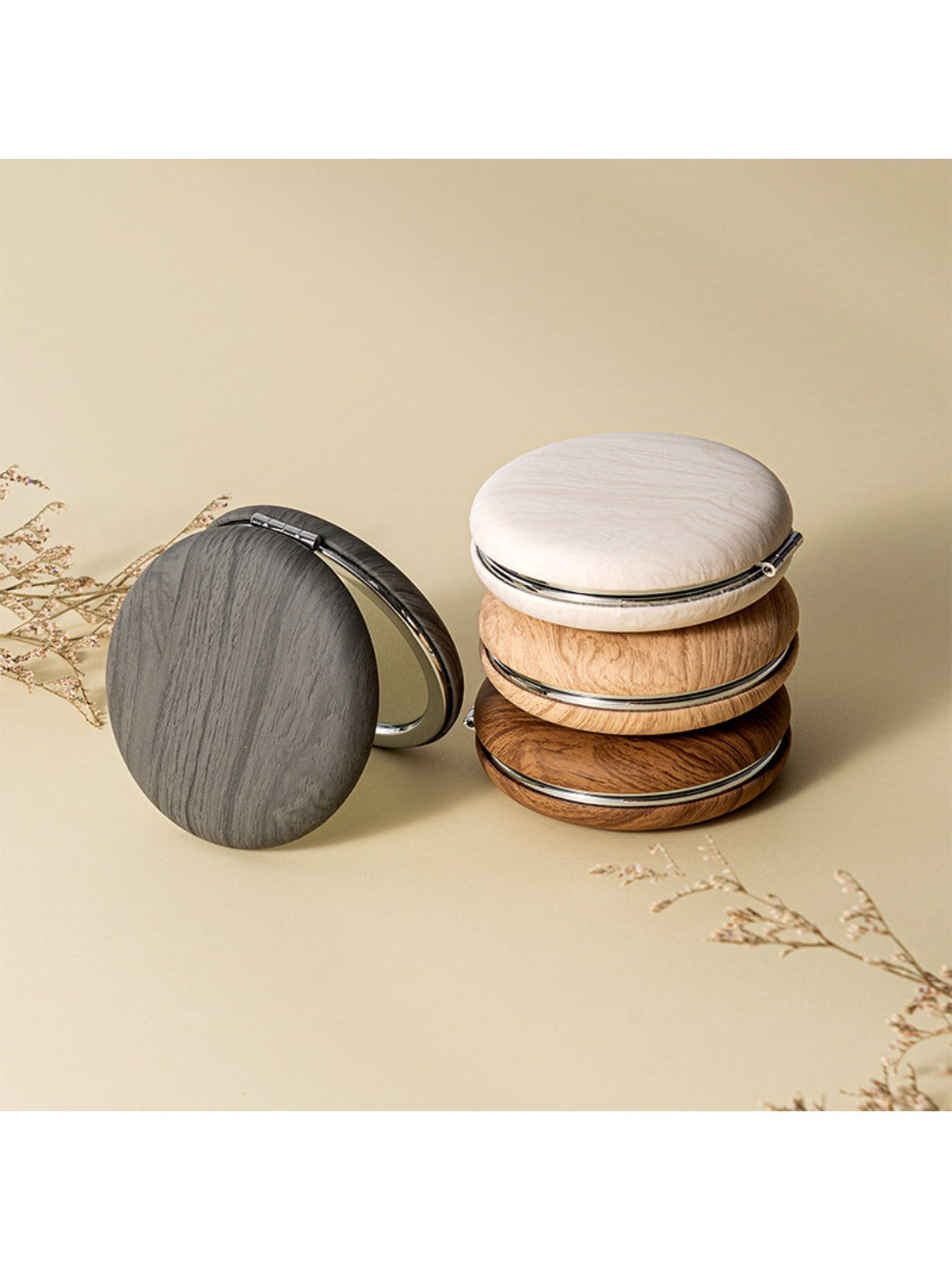 Mirroray - Woodgrain Pattern Round Makeup Mirror