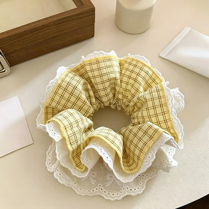 Gifty - Ruffled Plaid Lace Trim Elastic Scrunchie