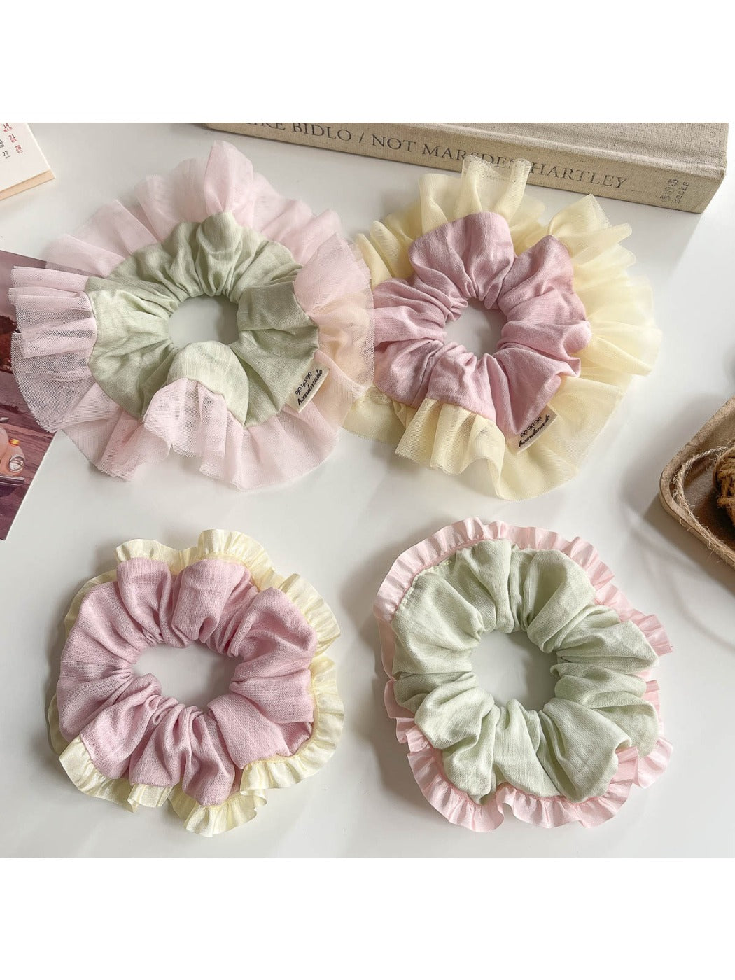 Side view of Gifty Sweet Color Block Tulle Scrunchie highlighting texture and colors