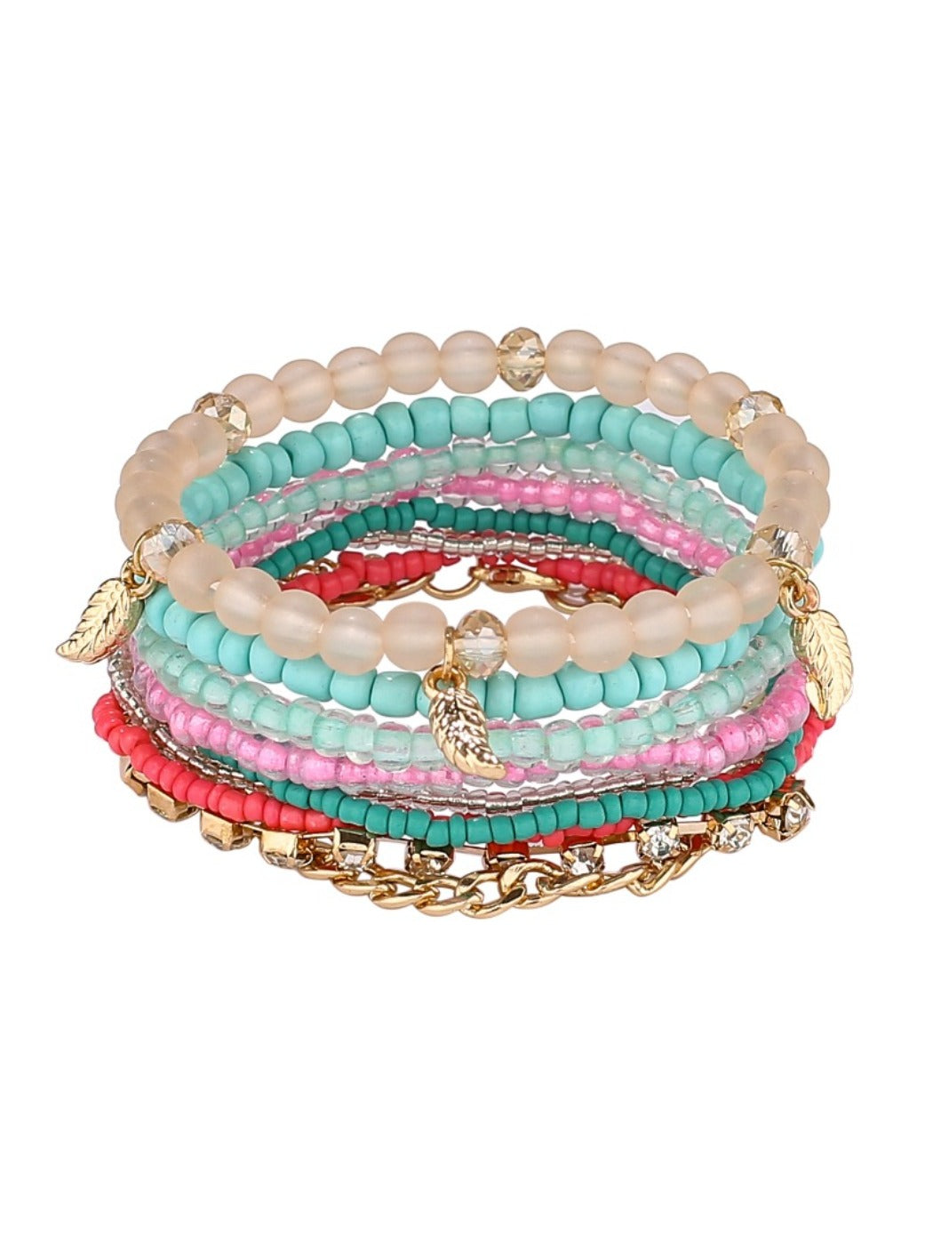 Lovra bracelets stacked on wrist with a blurred outdoor background