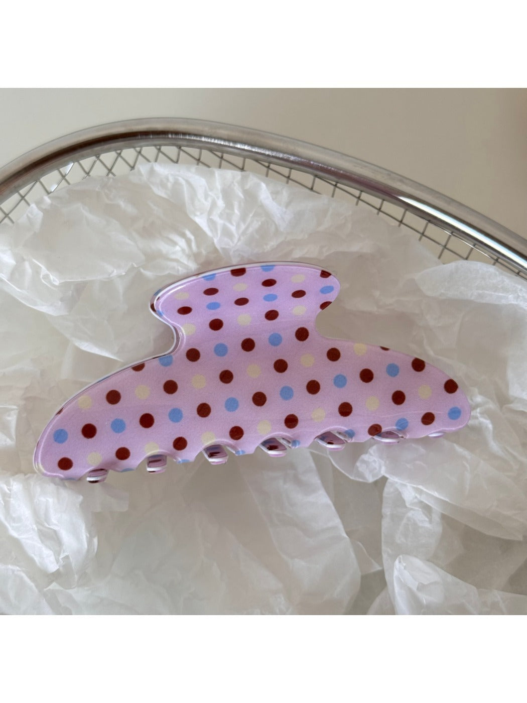 Beau pink polka dot hair clip shown from the back with metal clip visible