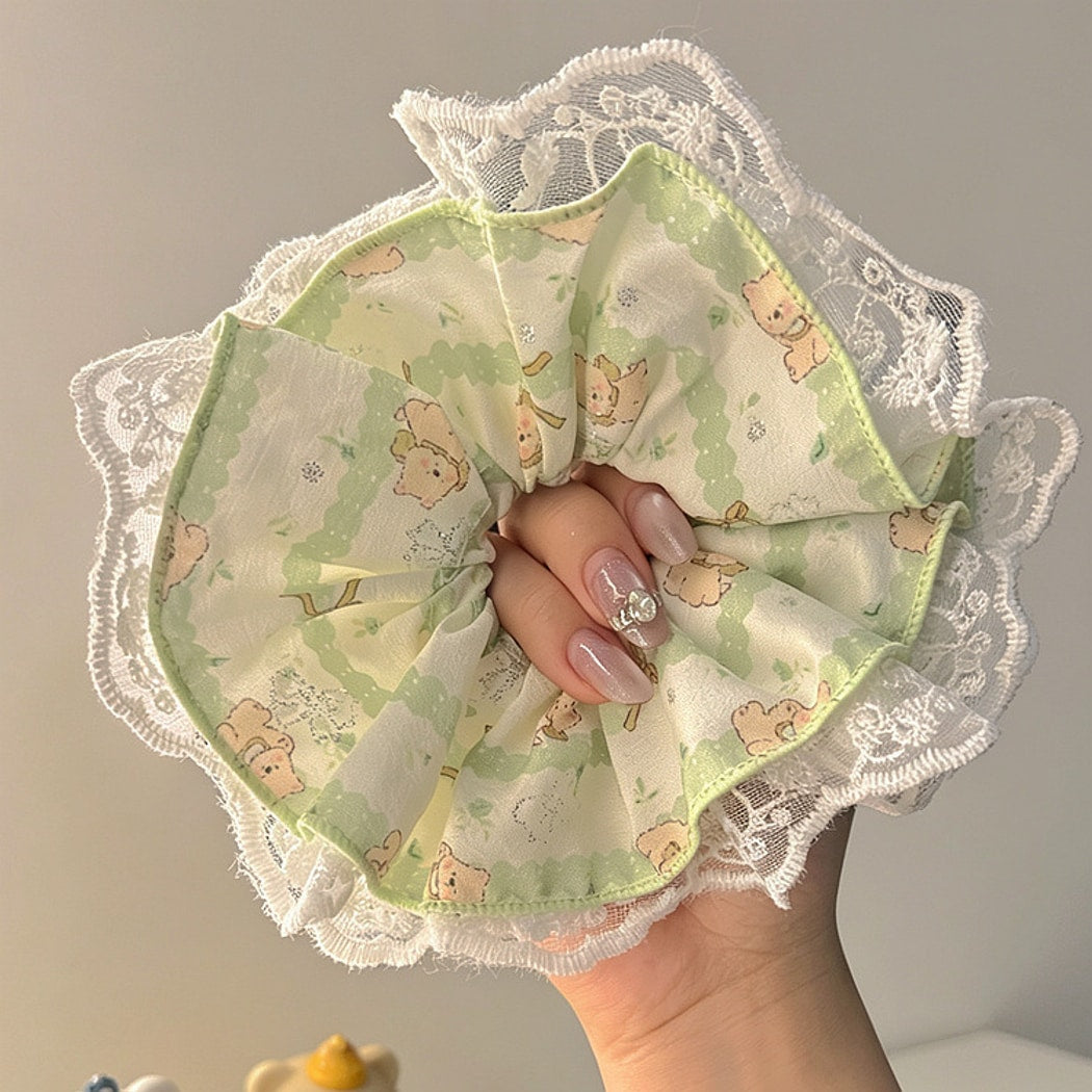 Gifty - Cute Bear Print Lace Trim Scrunchie