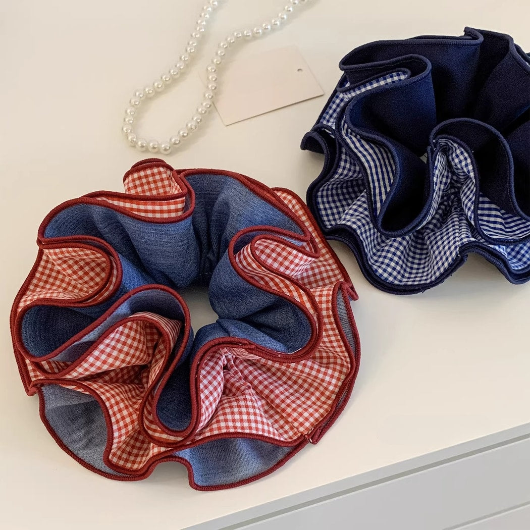 Gifty - Layered Gingham Trim Polyester Scrunchie