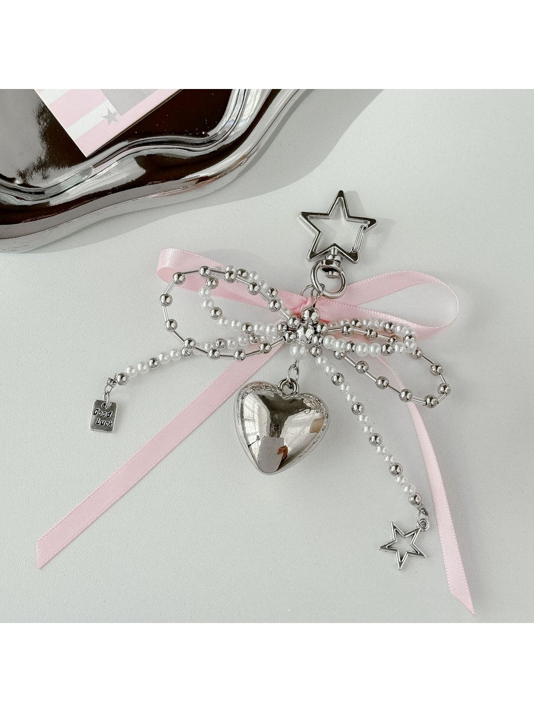 Keypus - Beaded Heart Bow Bag Pendant Alloy Keychain