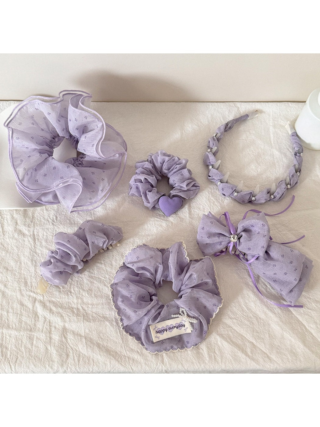 Gifty - Purple Floral Ruffle Trim Fabric Scrunchie