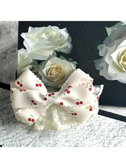 Beau - Cherry Print Bow Lace Trim Spring Hair Clip