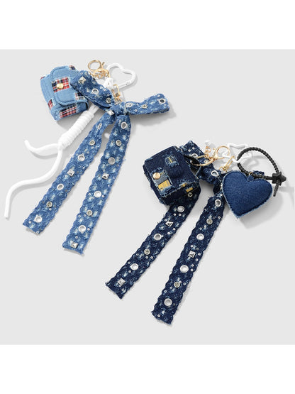 Keypus - Y2K Bow Plaid Heart Studded Bag Charm Keychain