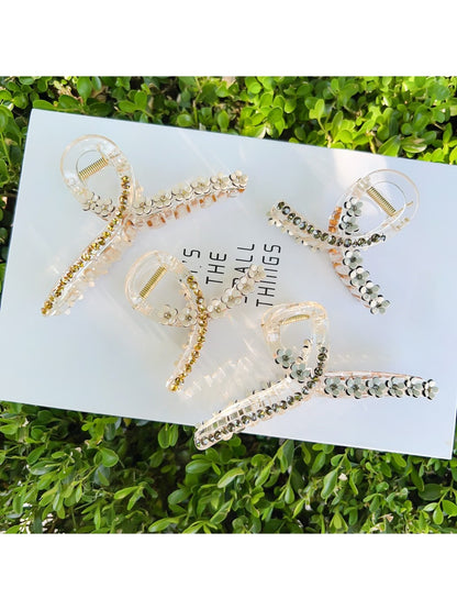 Beau elegant floral cross hair claw clip in soft pastel colors on white background