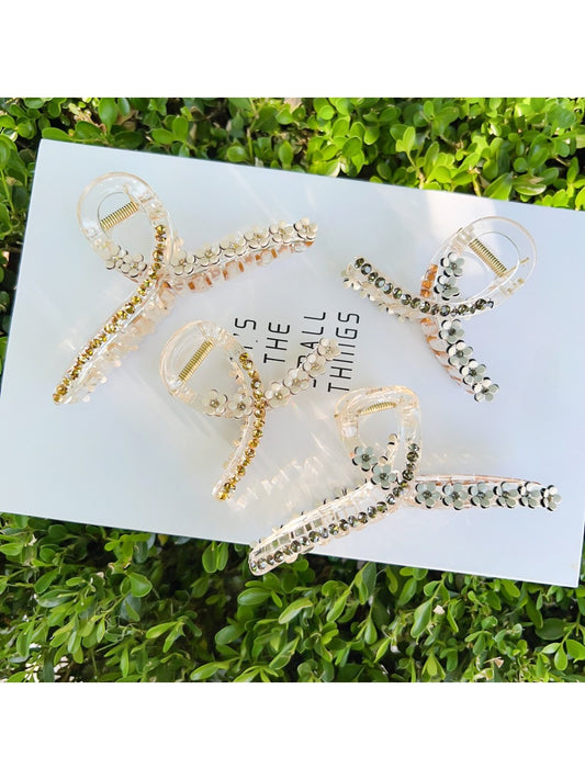 Beau elegant floral cross hair claw clip in soft pastel colors on white background