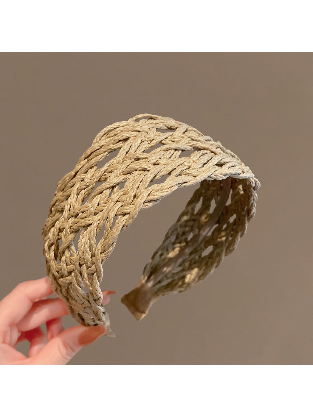 Gifty casual wide edge hollow headband in beige fabric with openwork design
