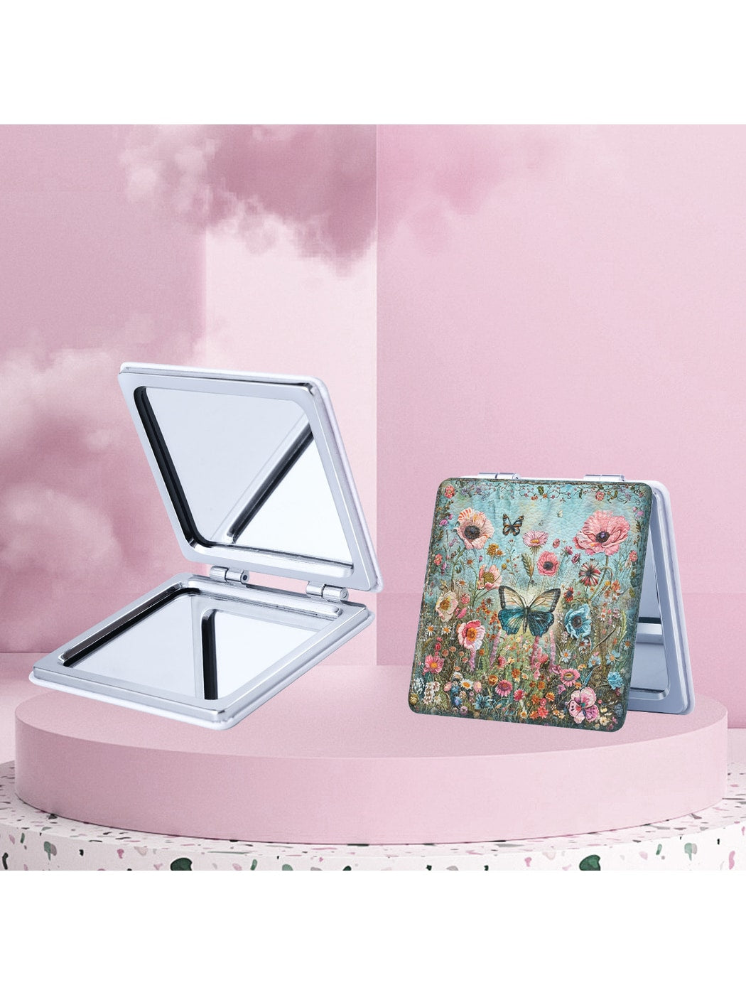 Mirroray - Foldable Floral Print Glass Makeup Mirror