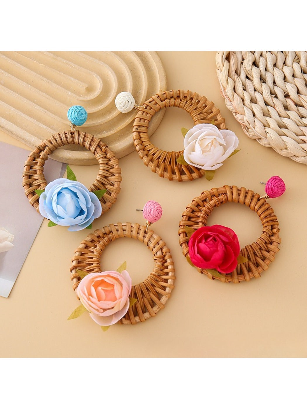 Close-up of vintage rattan woven circle earring with natural fiber texture